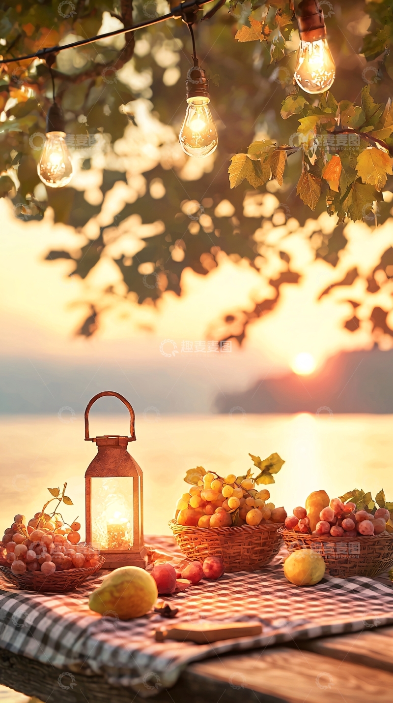 高清大图下载【趣麦麦图】秋日湖畔野餐水果灯饰