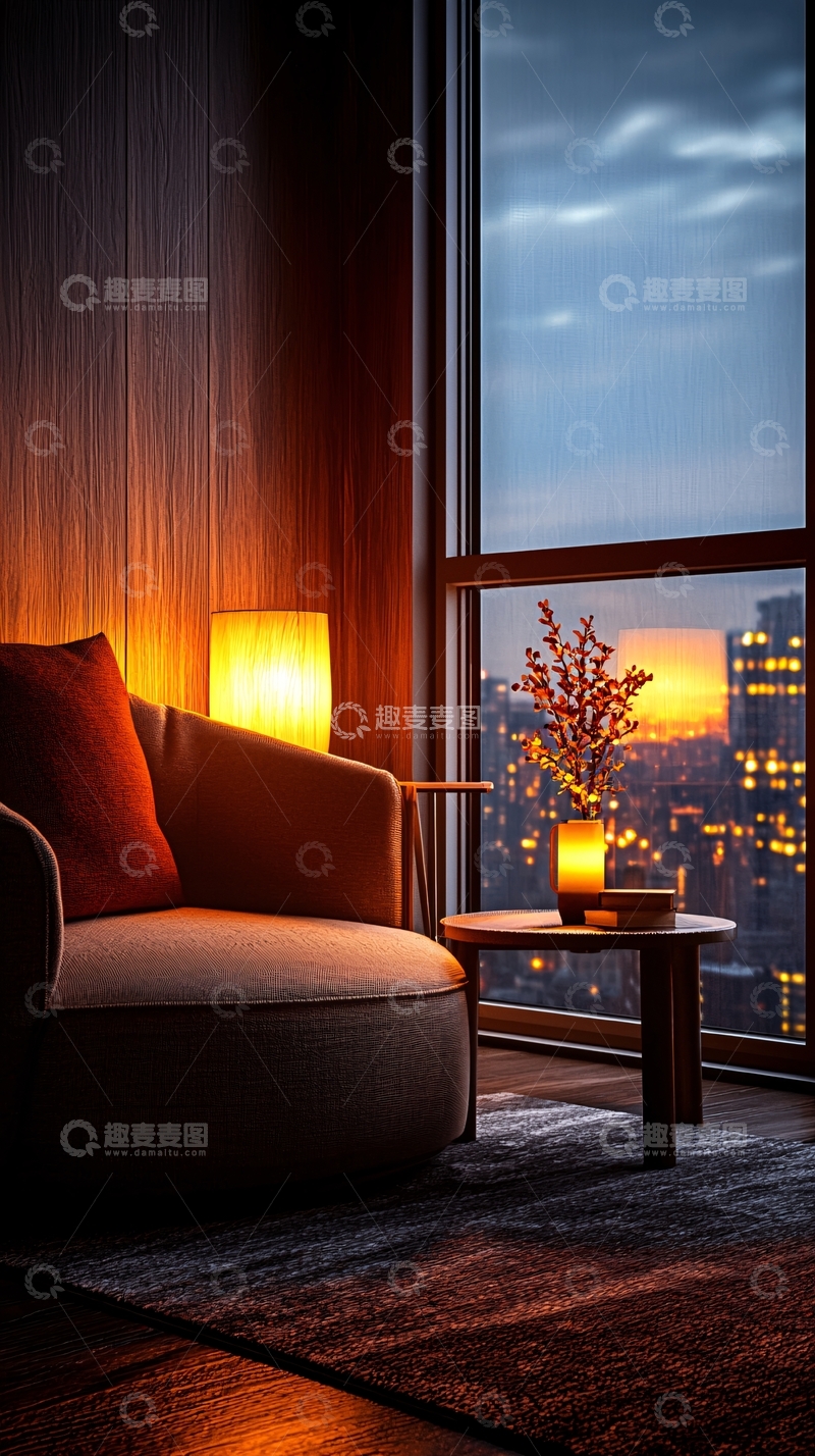 高清大图下载【趣麦麦图】现代客厅夜景窗边沙发灯饰