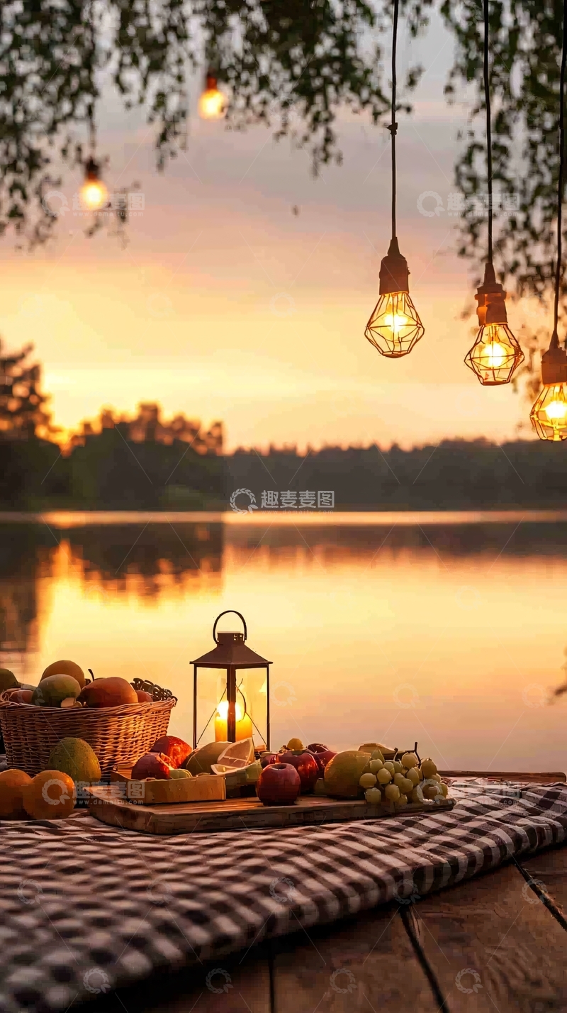 高清大图下载【趣麦麦图】湖边野餐夜景灯饰水果