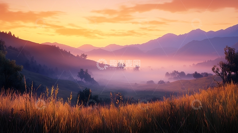 高清大图下载【趣麦麦图】金色田野上的日落山景