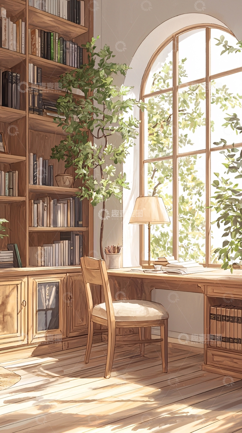 高清大图下载【趣麦麦图】阳光洒满书房的温馨场景