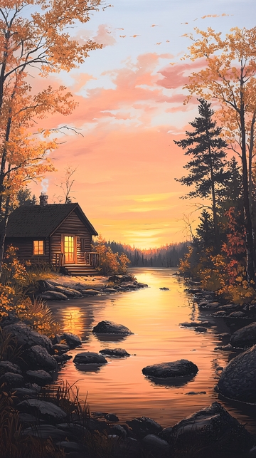 秋日湖畔小屋风景