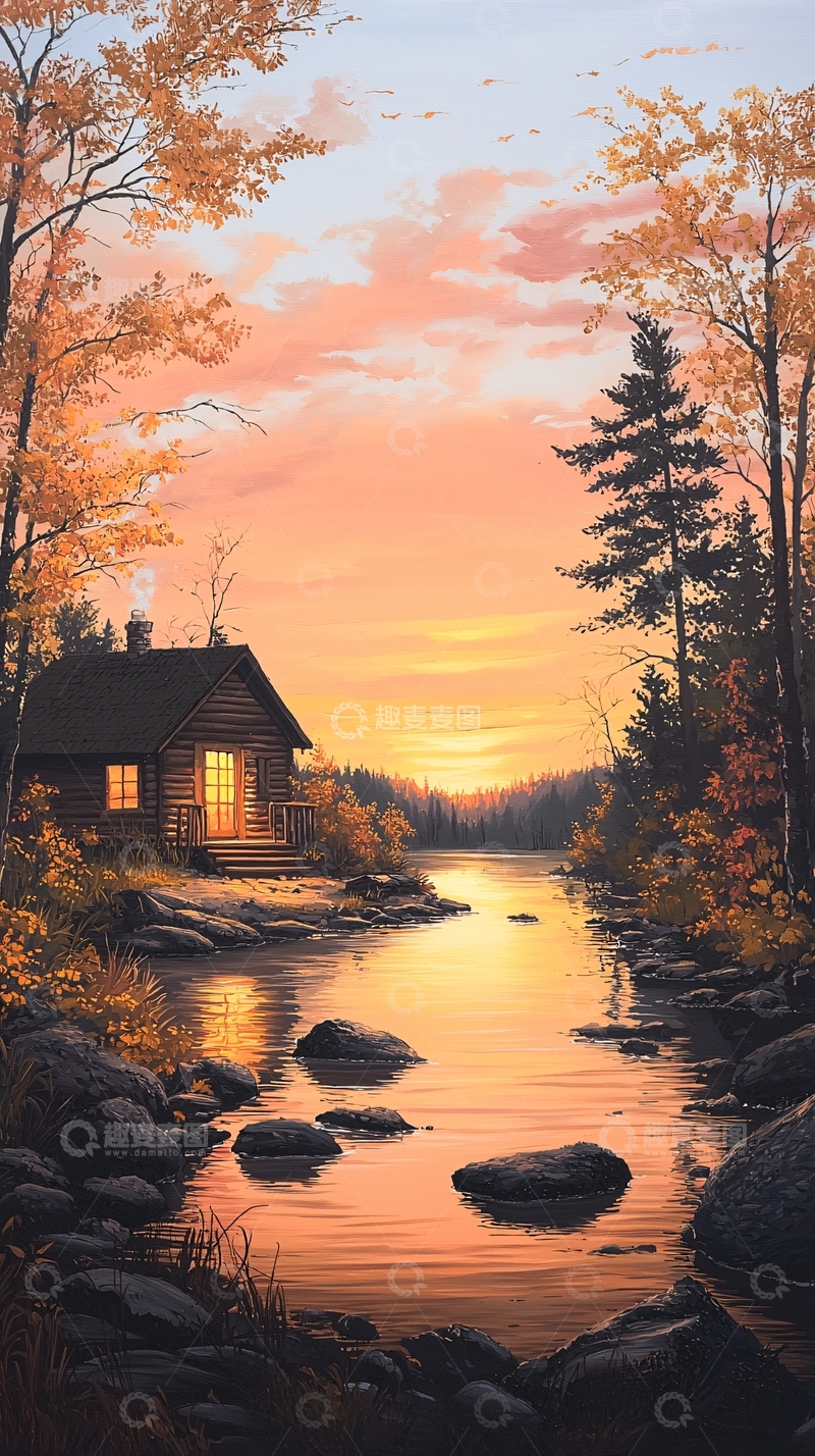 高清大图下载【趣麦麦图】秋日湖畔小屋风景