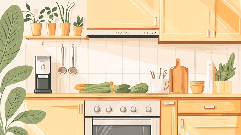 高清大图下载【趣麦麦图】温馨明亮厨房场景插画