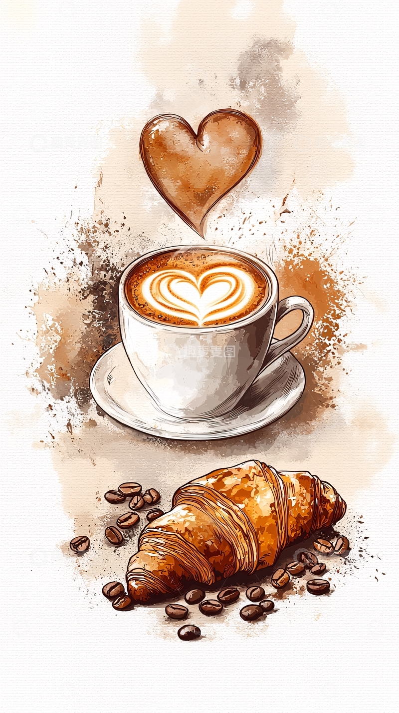 高清大图下载【趣麦麦图】咖啡与法式面包的艺术插画
