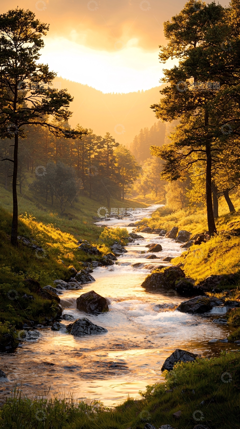 高清大图下载【趣麦麦图】夕阳下的山间小溪