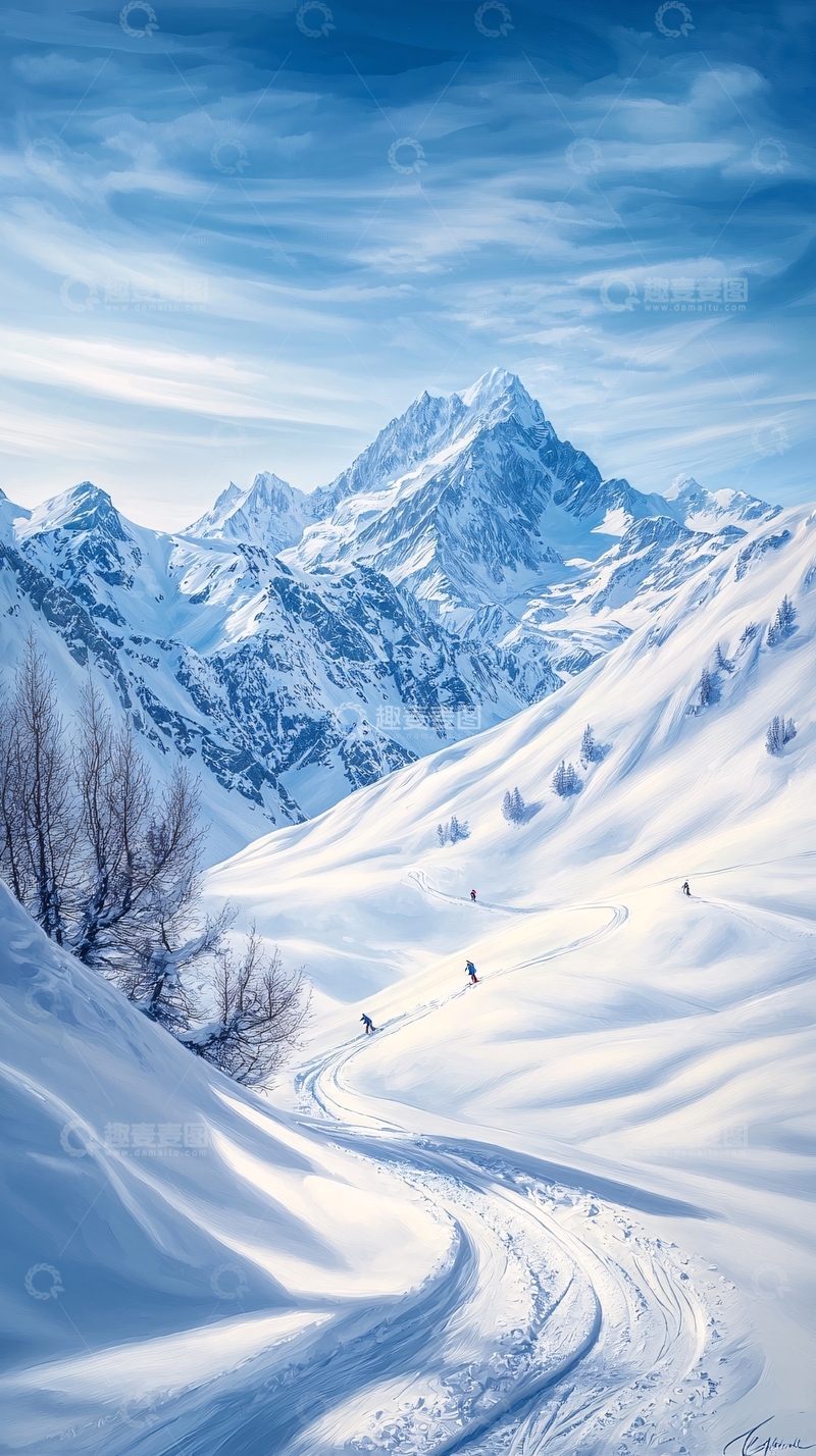 高清大图下载【趣麦麦图】雪山滑雪风景画