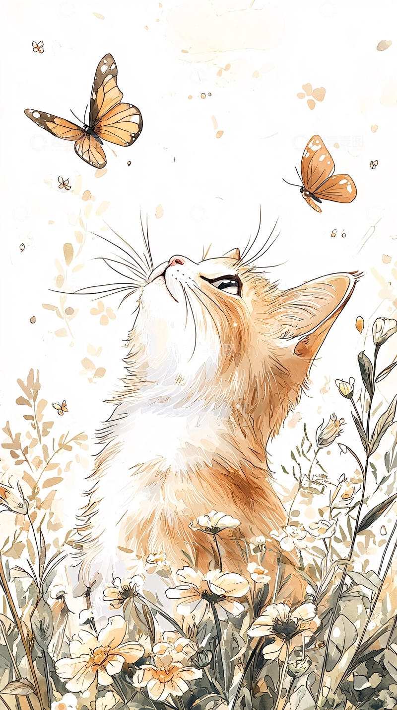 高清大图下载【趣麦麦图】猫咪与蝴蝶的梦幻花园