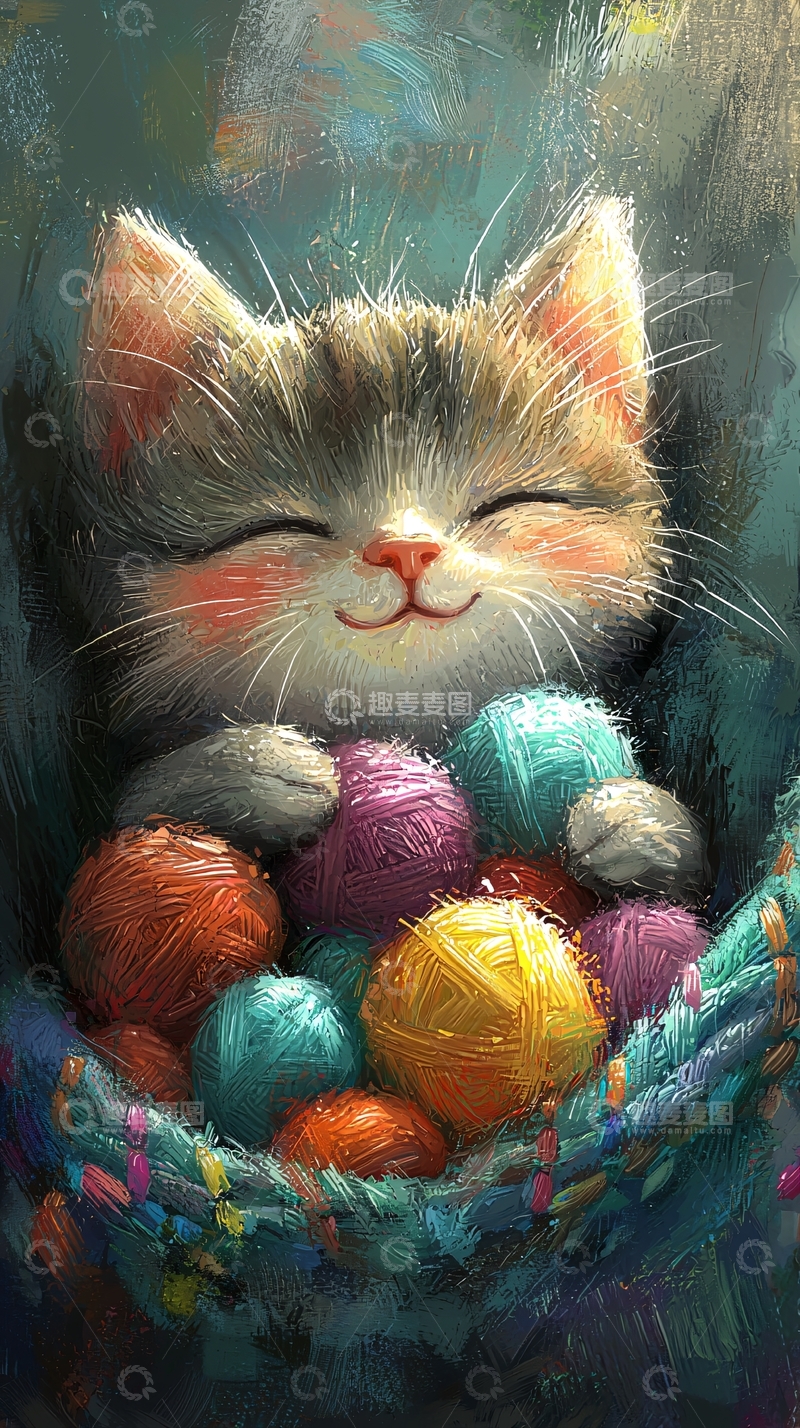 高清大图下载【趣麦麦图】猫咪与彩色毛线球