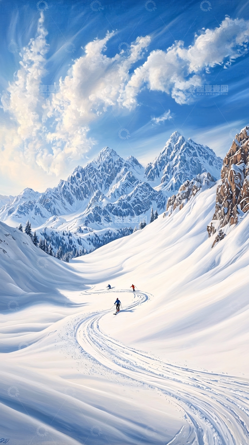 高清大图下载【趣麦麦图】雪山滑雪风景图