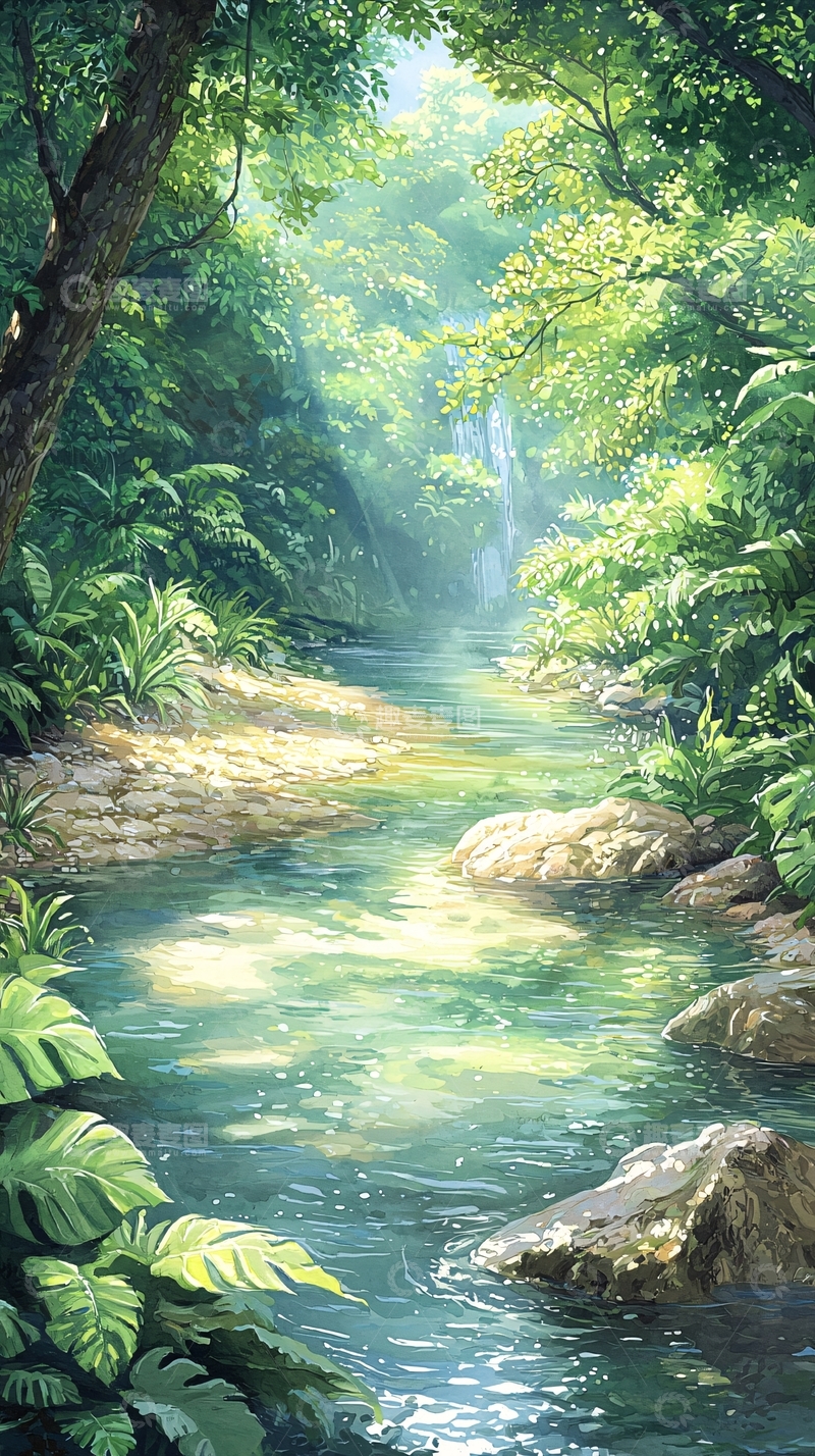 高清大图下载【趣麦麦图】森林中的小溪瀑布