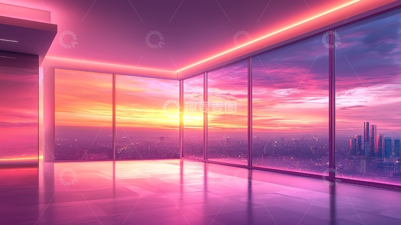 高清大图下载【趣麦麦图】未来感落地窗城市日落