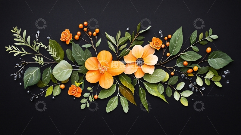 高清大图下载【趣麦麦图】橙色花朵与绿叶装饰图案