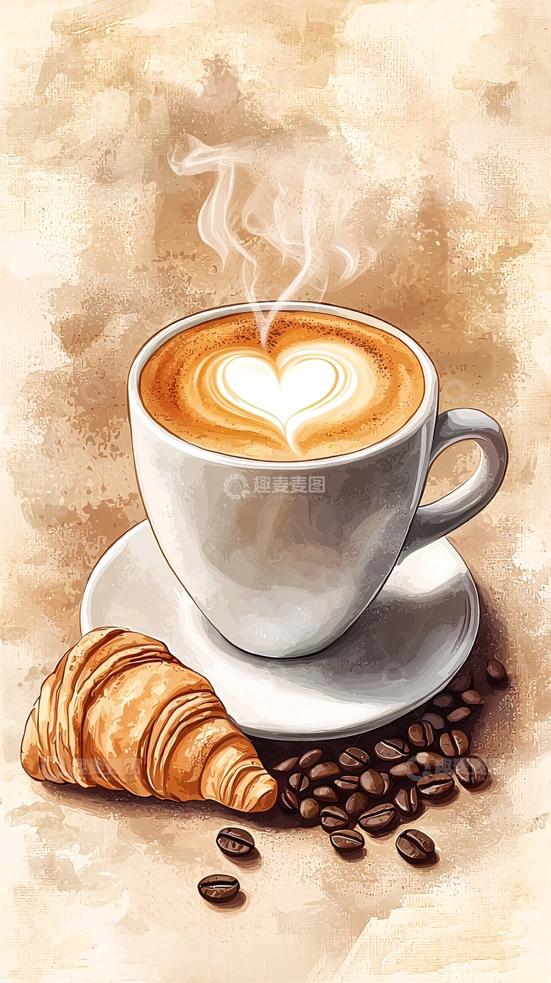 高清大图下载【趣麦麦图】咖啡拿铁与羊角面包插画