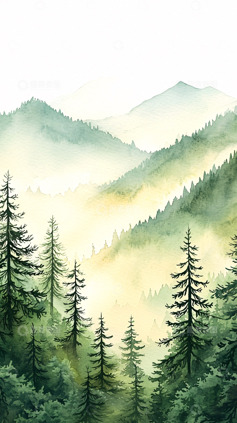 高清大图下载【趣麦麦图】山林雾气水彩画背景