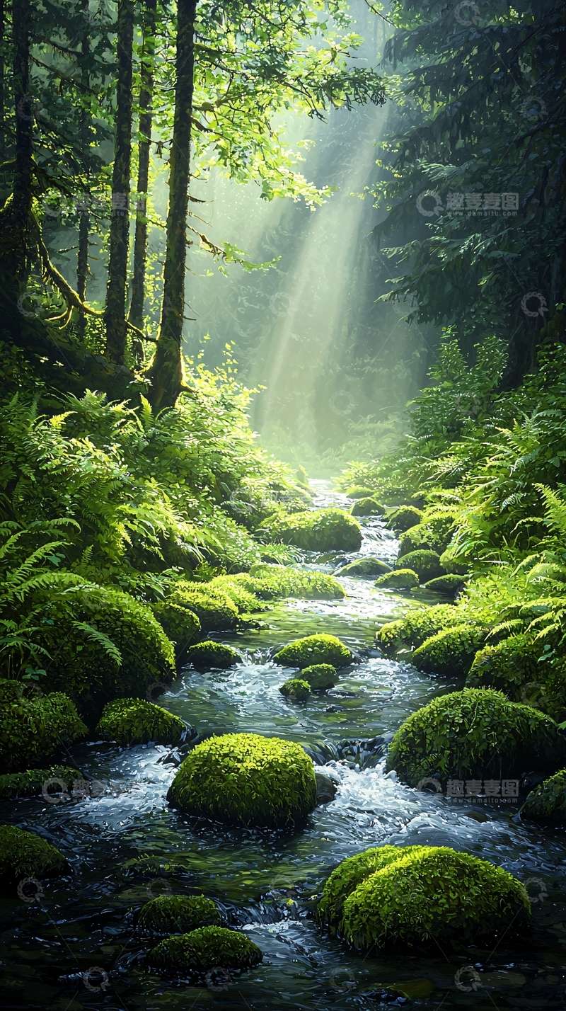 高清大图下载【趣麦麦图】森林中的小溪阳光穿透