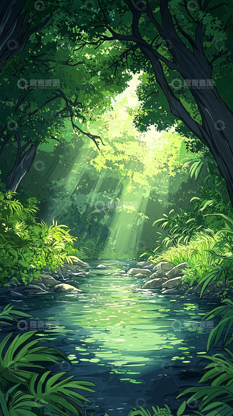高清大图下载【趣麦麦图】森林中的小溪阳光穿透