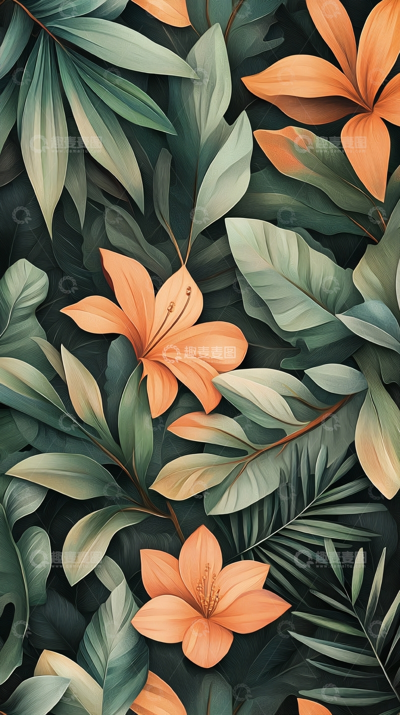 高清大图下载【趣麦麦图】热带花卉与绿叶背景图案