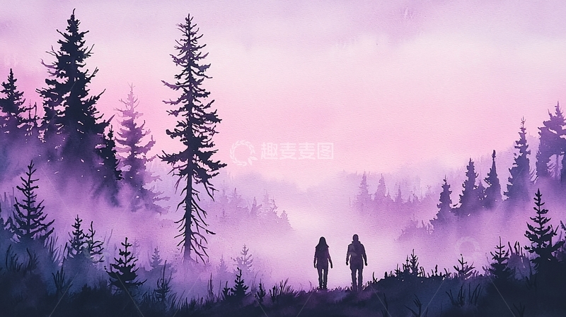 高清大图下载【趣麦麦图】晨雾中的森林徒步情侣剪影