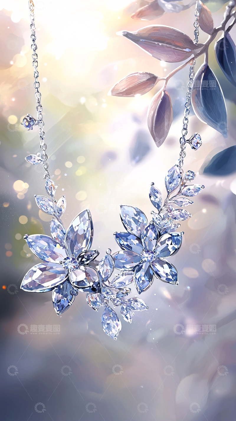 高清大图下载【趣麦麦图】璀璨宝石项链与树叶装饰