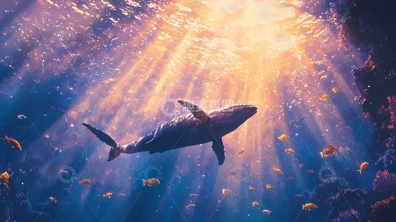 高清大图下载【趣麦麦图】深海鲸鱼与阳光下的海洋生物