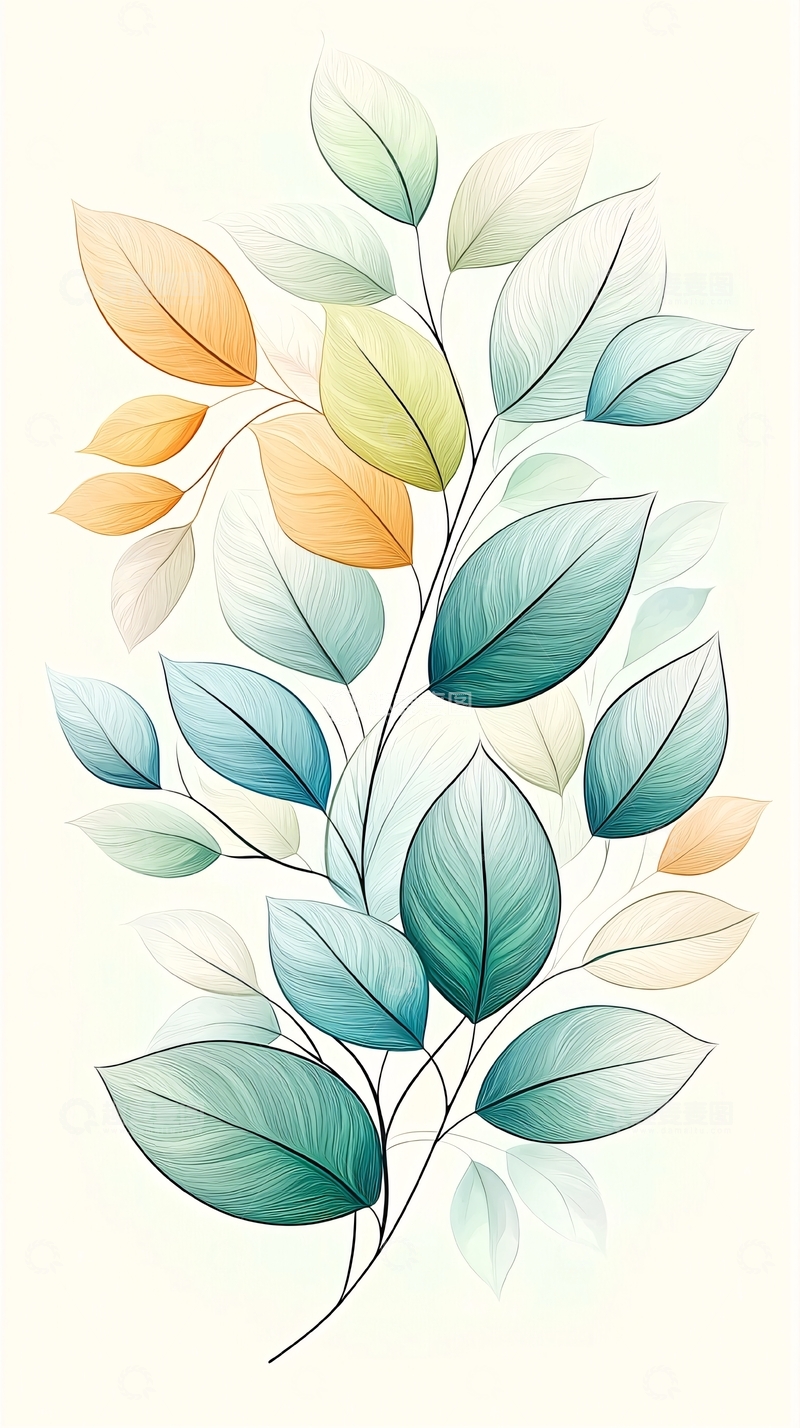 高清大图下载【趣麦麦图】秋日色彩斑斓树叶插画