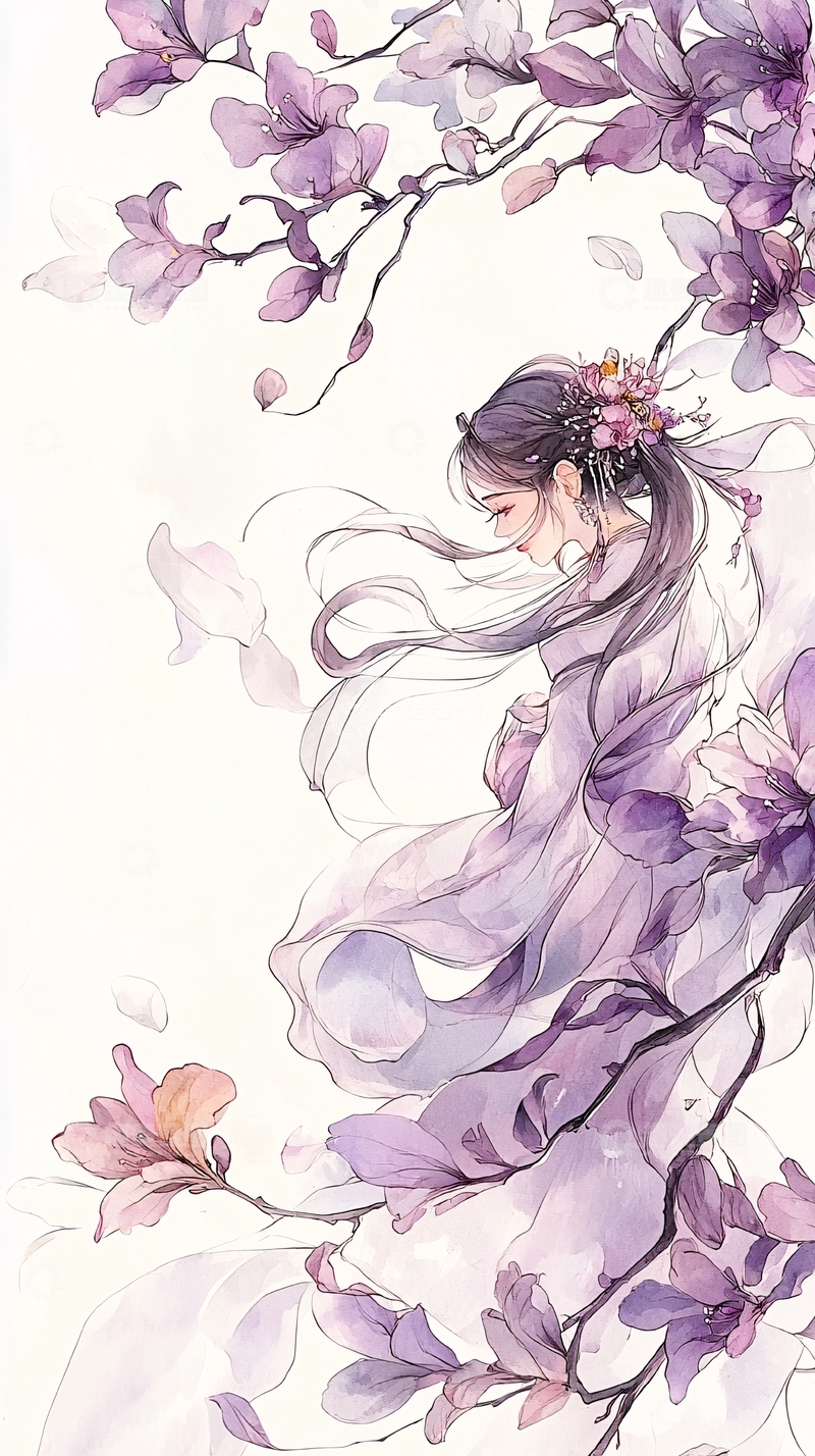 高清大图下载【趣麦麦图】紫色花海中的古典美人