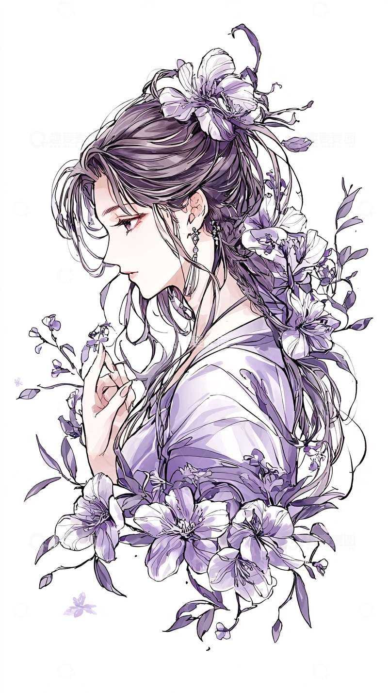 高清大图下载【趣麦麦图】紫色花卉与古风少女插画