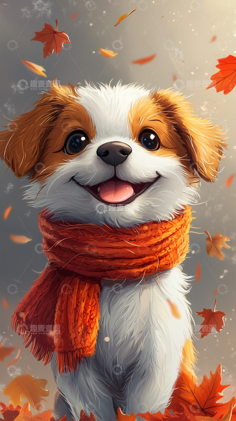 高清大图下载【趣麦麦图】秋日小狗狗围巾落叶