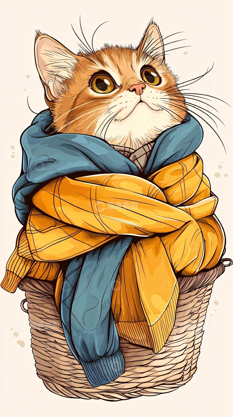 高清大图下载【趣麦麦图】猫咪毛衣篮子里