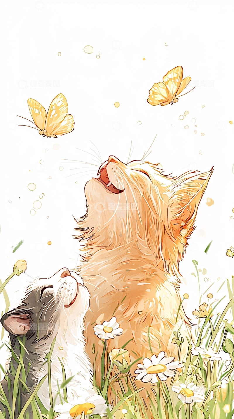 高清大图下载【趣麦麦图】猫咪与蝴蝶的梦幻时光