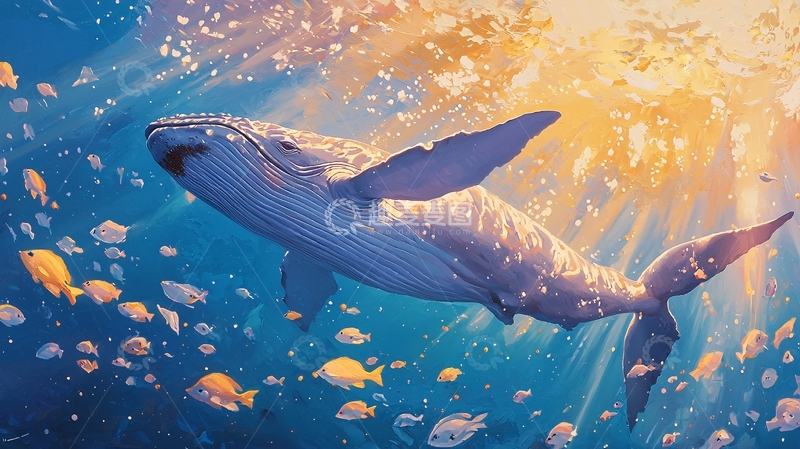 高清大图下载【趣麦麦图】深海鲸鱼与小鱼群
