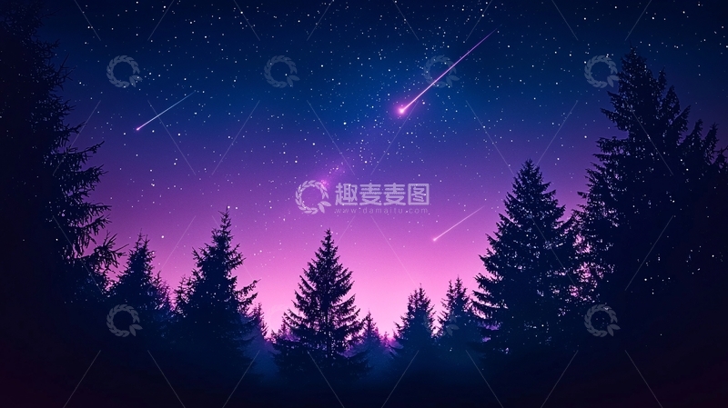 高清大图下载【趣麦麦图】夜空流星与松树剪影