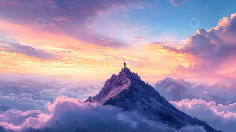 高清大图下载【趣麦麦图】山顶上的剪影人物与壮丽云海