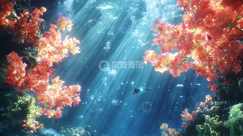 高清大图下载【趣麦麦图】海底珊瑚光束下的潜水员