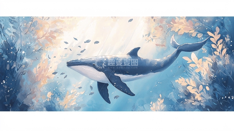 高清大图下载【趣麦麦图】深海鲸鱼与光束的艺术插画