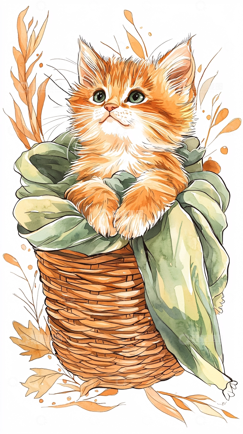 高清大图下载【趣麦麦图】秋日篮子里的小猫