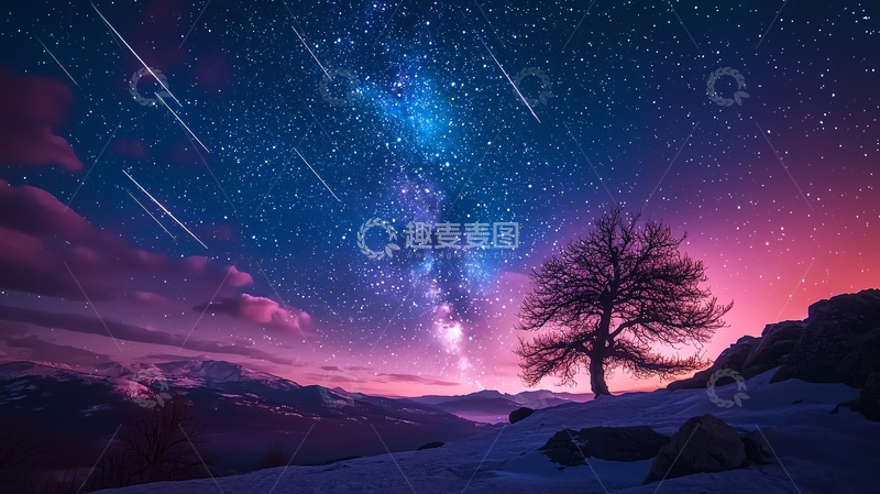 高清大图下载【趣麦麦图】冬夜星空下的孤树