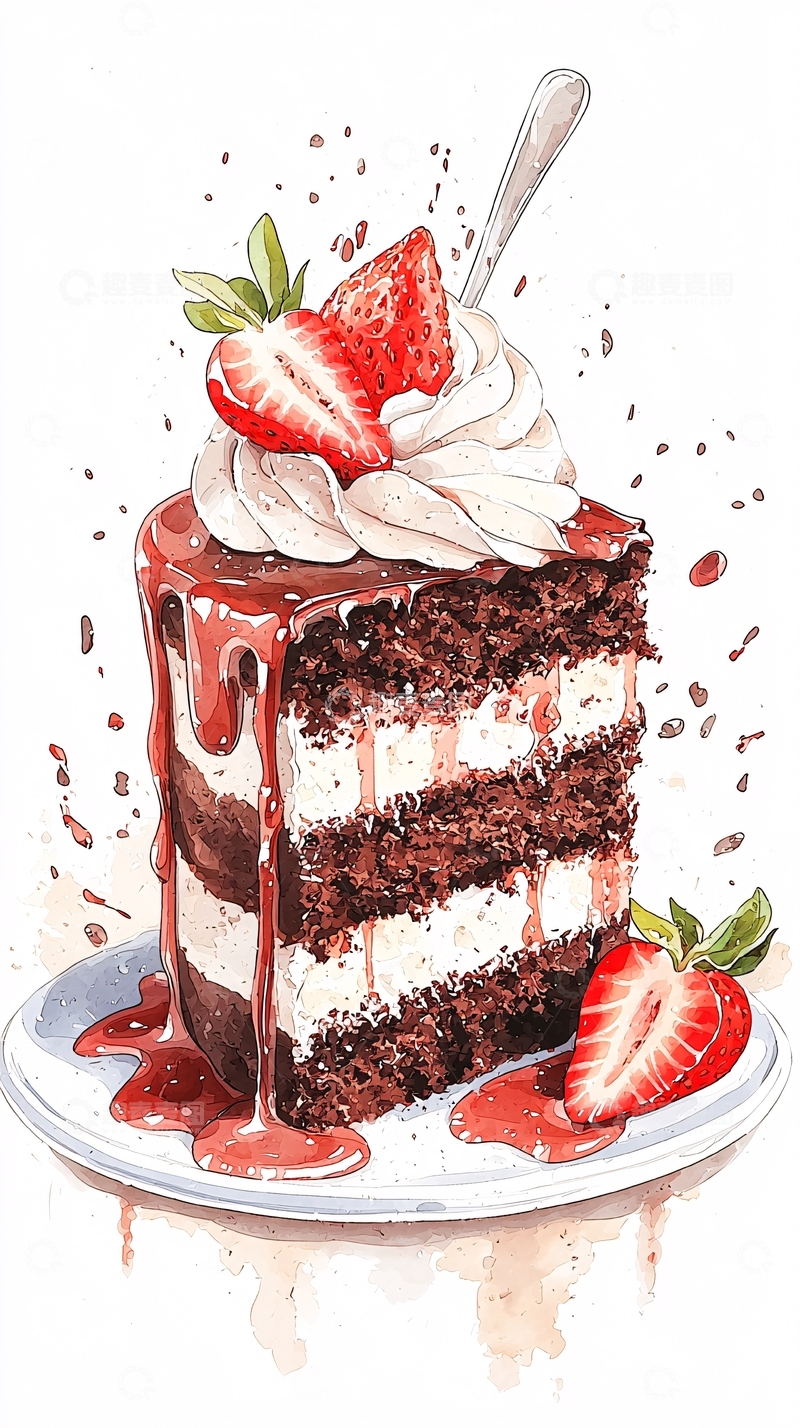 高清大图下载【趣麦麦图】巧克力蛋糕草莓装饰插画