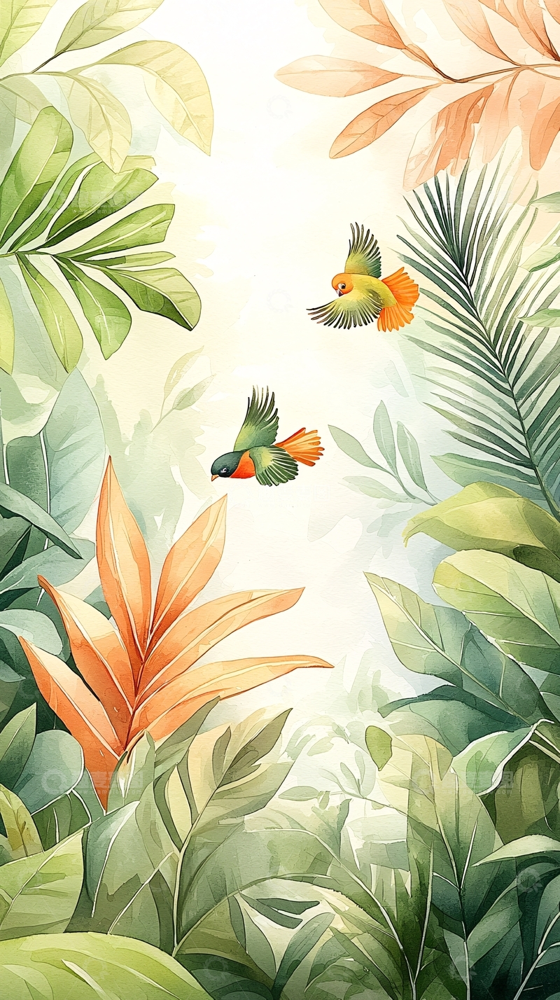 高清大图下载【趣麦麦图】热带雨林中的飞鸟与植物