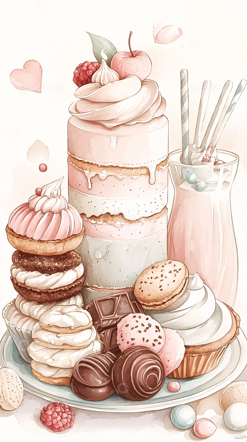 高清大图下载【趣麦麦图】粉色甜点与饮品插画