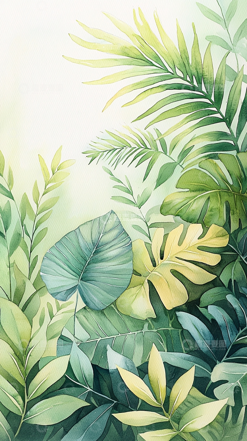 高清大图下载【趣麦麦图】热带植物手绘插画背景图