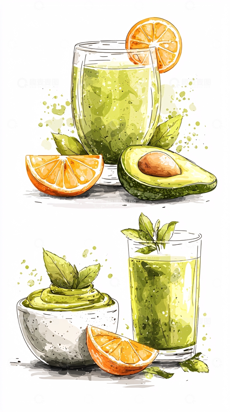 高清大图下载【趣麦麦图】-绿色果汁与食材插画