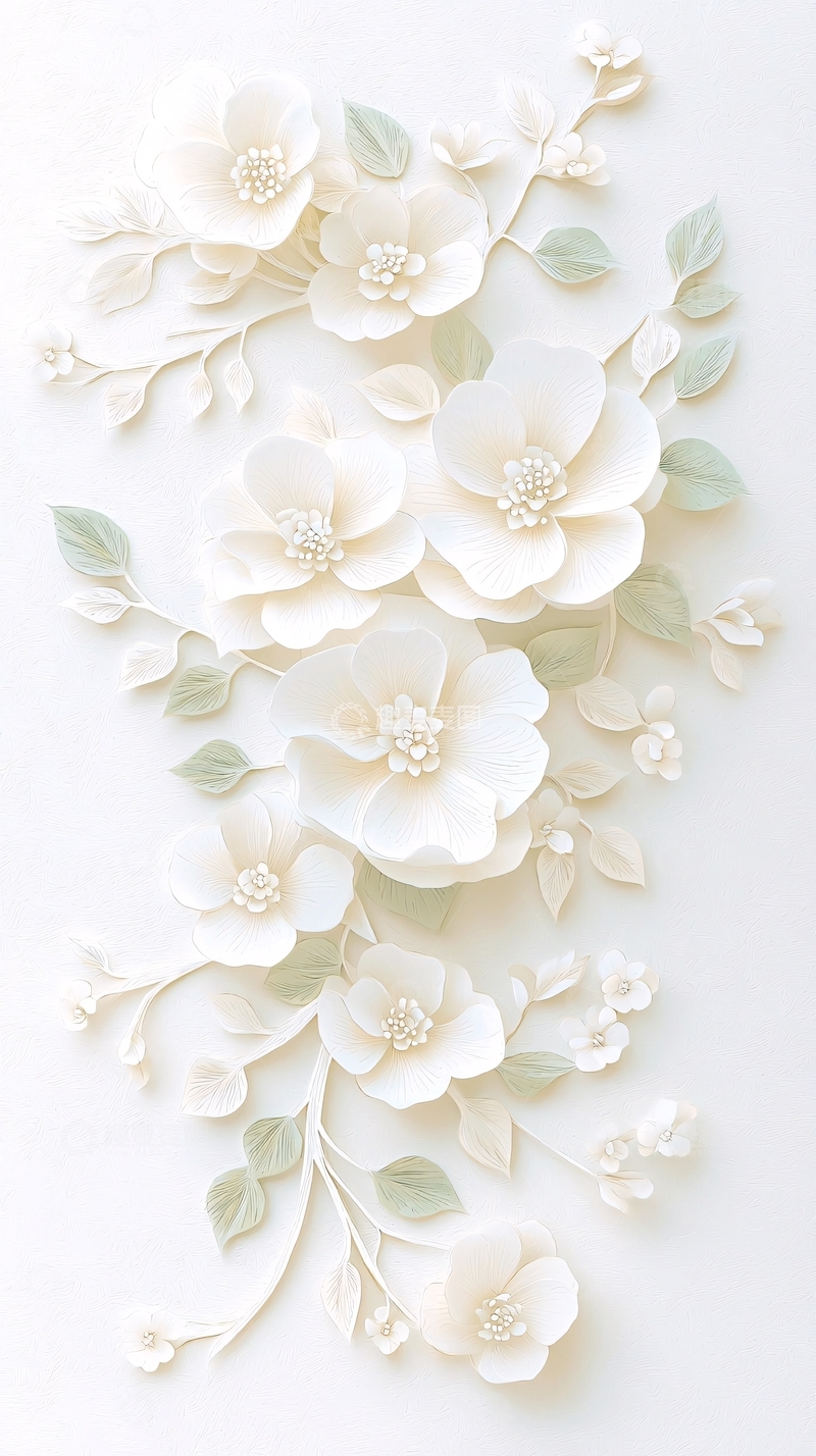 高清大图下载【趣麦麦图】白色花朵立体剪纸艺术背景