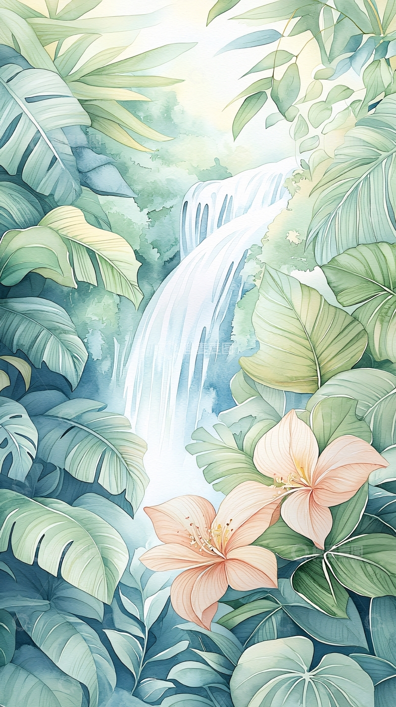 高清大图下载【趣麦麦图】热带雨林瀑布与花卉