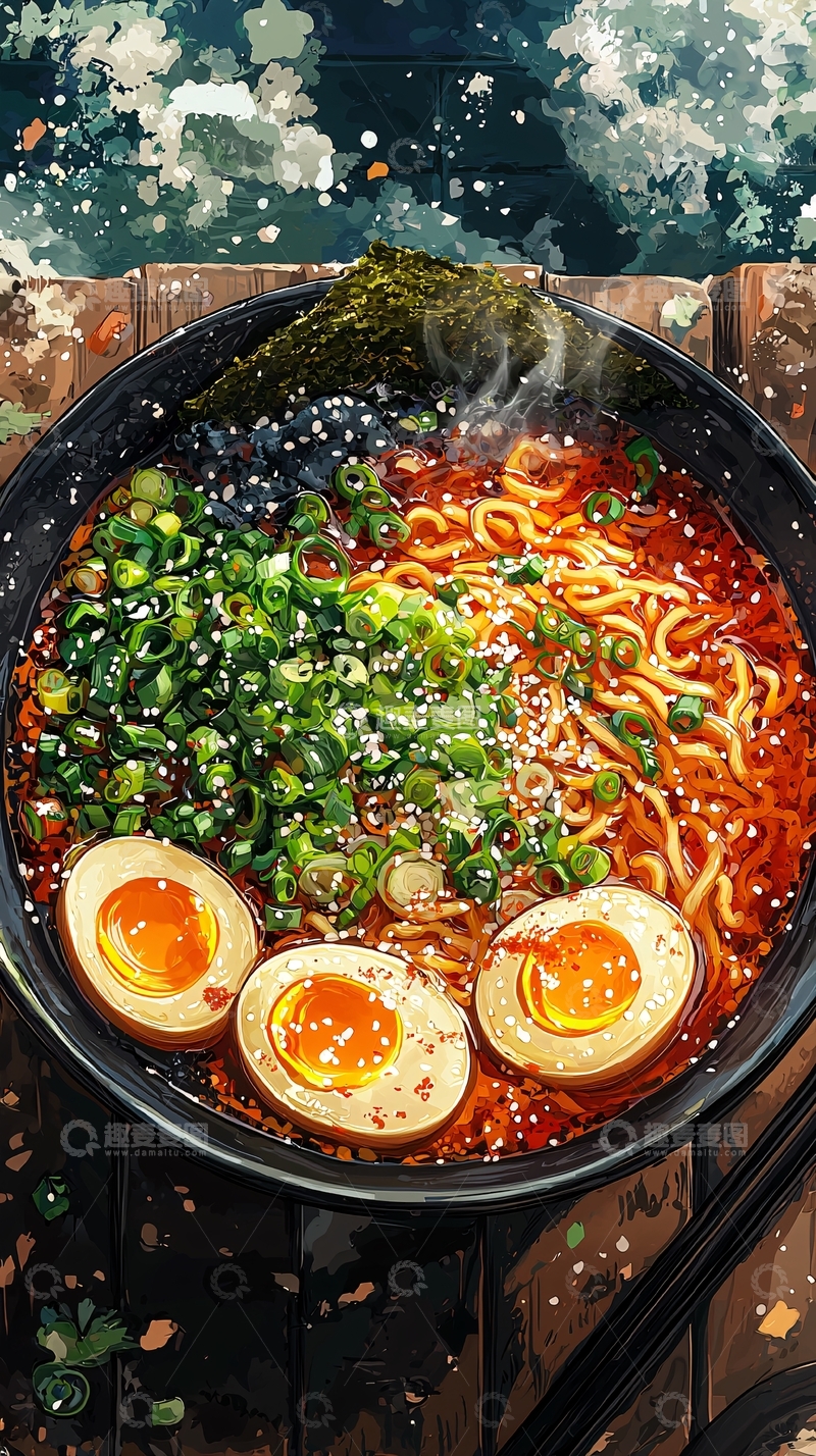 高清大图下载【趣麦麦图】热腾腾的拉面美食插画
