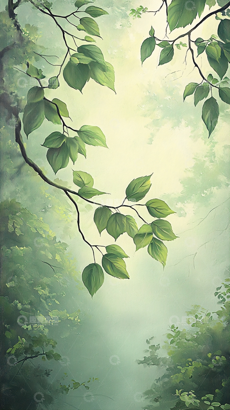 高清大图下载【趣麦麦图】晨雾中的绿叶树枝