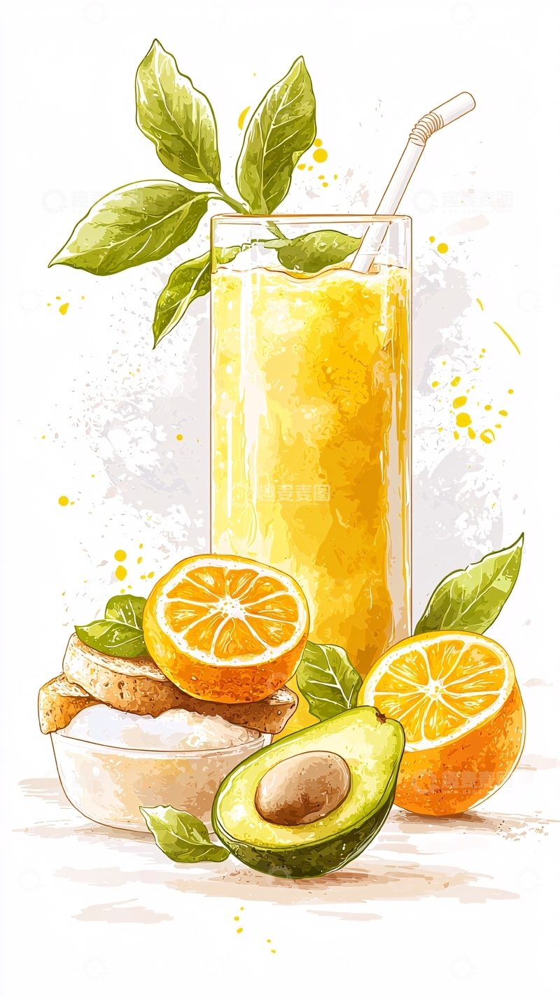 高清大图下载【趣麦麦图】橙子牛油果冰沙饮品插画
