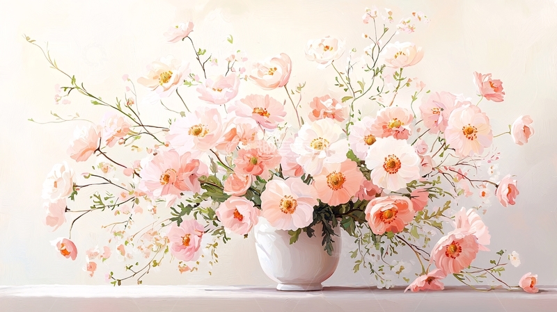 高清大图下载【趣麦麦图】粉色花朵与白色花瓶的艺术插画