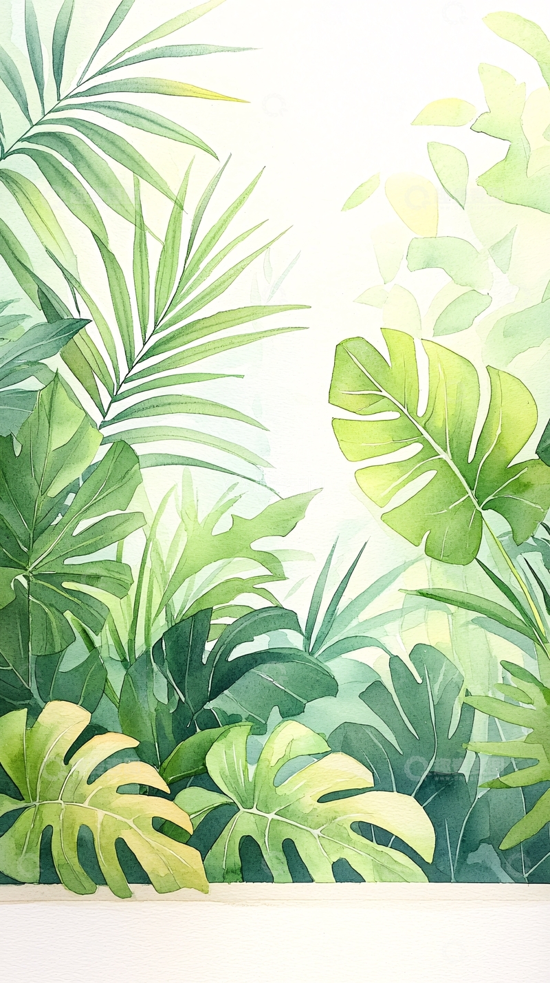 高清大图下载【趣麦麦图】热带植物水彩画背景图